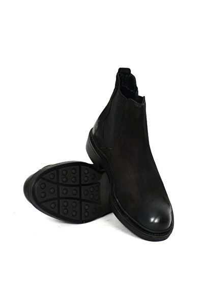 Tuna Hakiki Nubuk Deri Chelsea Siyah Erkek Bot Kauçuk Taban - 02984