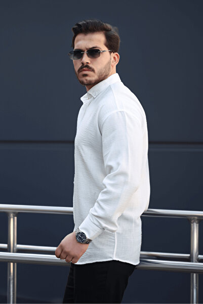 Valiberta Cămașă pentru bărbați cu mânecă lungă, cu aspect de in, Pera Fabric - albă