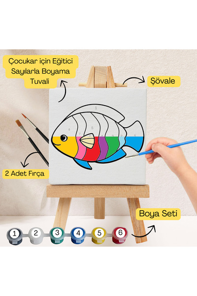 hediye hobim Çocuklar İçin Eğitici Sayılarla Boyama Seti Balık–20x20 Tuval,Şö...