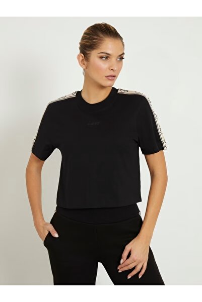 Guess Jeans Γυναικείο μαύρο t-shirt με λογότυπο στους ώμους Τζιν Guess