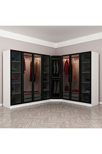 Minar Kale 190 8 Füme Cam Kapaklı 4Ç Köşe Dolap Beyaz Füme Cam