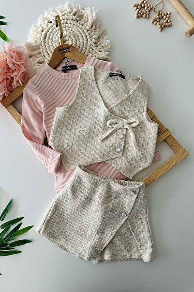 Minigimin Cicileri Σετ για κορίτσια σετ κοστούμι με γιλέκο - Μικρό μου Κοριτσάκι, Ασημί ύφασμα και κρεμ χρώμα