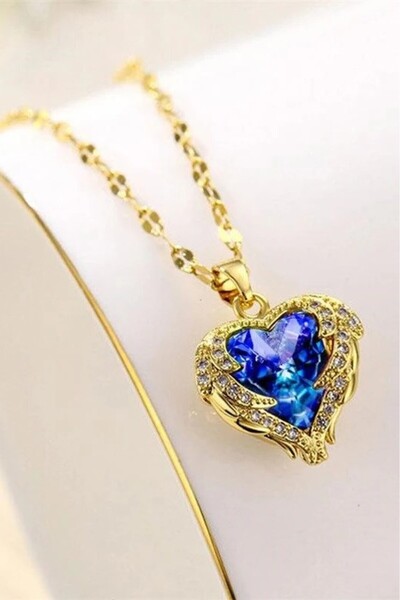 Takı Dükkanı قلادة قلب المحيط بحجر كحلي للنساء من الفولاذ eck50