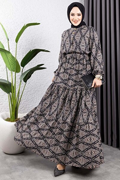 Genel Markalar Bağcıklı Desenli Viskon Elbise