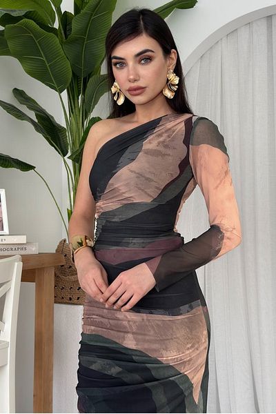 WOMAN VISION Women's Lined Tie Dye Pattern Digital Printed Tulle Fabric Slit Design Single Sleeve Midi Evening Dress 309