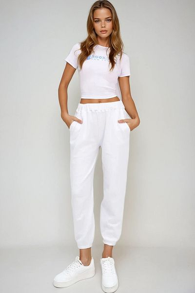 VAGGON White Double Pocket Waist and Leg Jogging Textured Trousers Vgn-X10877