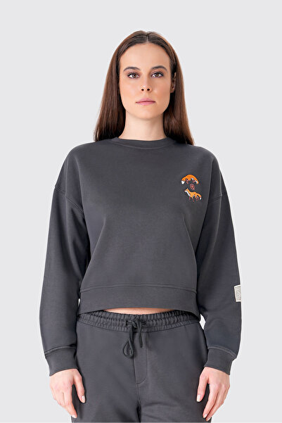 UNIQVIBE سويت شيرت من القطن العضوي المطرز على شكل ثعلب