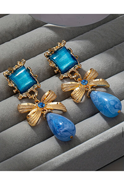 HOSBUTIK Mavi renk deliksiz klipsli büyük küpe