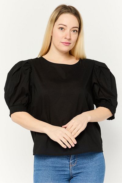 Dkny بلوزة نسائية سادة بأكمام منفوخة ورقبة دائرية، باللون الأسود
