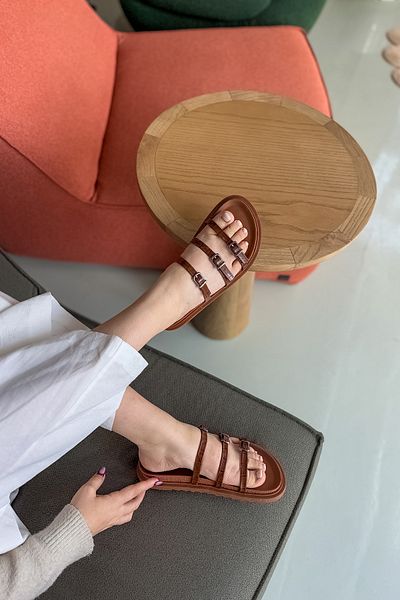 SHOEBELLAS Delma Tan Three-Piece Women's Slippers