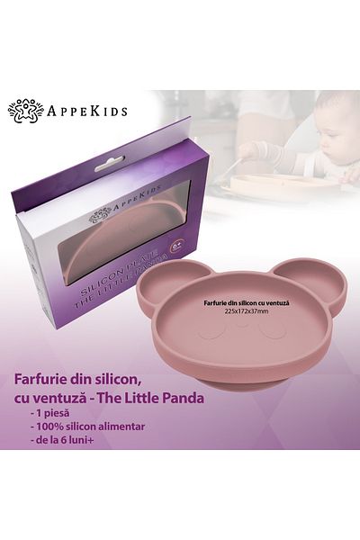 APPEKIDS Farfurie Din Silicon Cu Ventuza, , Panda - Old Rose