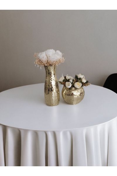 IŞILTI HOME DESIGN طقم مزهرية زجاجية عاكسة مكون من قطعتين ذهبي فاتح