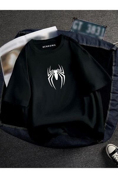 BENROMA 1 προϊόν δώρο για αγορές 6 και άνω Oversize Spider Printed Unisex Tisort Printed