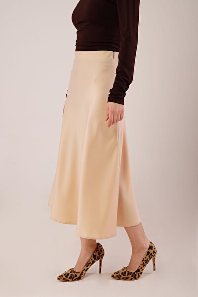 modamtn    Bell Cut Midi Cream Satin Skirt