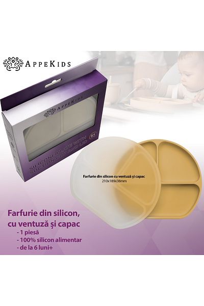 APPEKIDS Farfurie Compartimentata Din Silicon Cu Ventuza Si Capac, - Honey