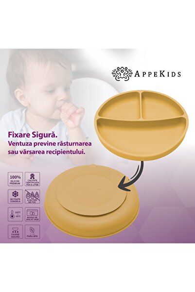 APPEKIDS Silicone Compartmented Plate with Suction Cup, - Honey