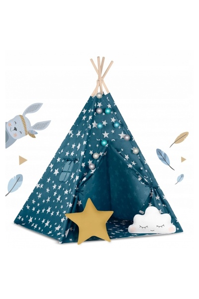 NUKIDO Cort de joacă pentru copii cu lumini și 2 perne 120 x 120 x 165 cm - Bleumarin cu stele