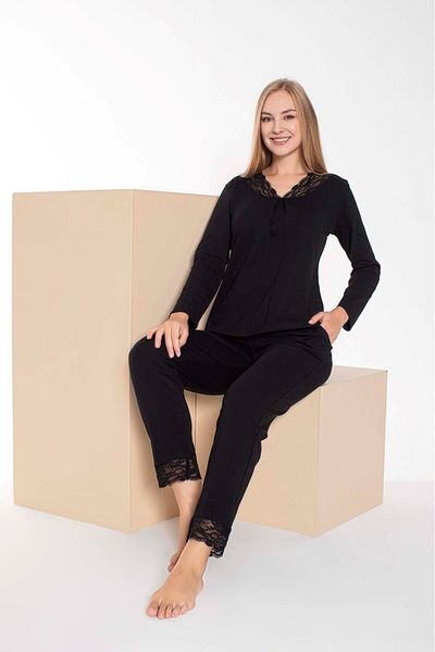 bie's Set de pijamale de sezon cu mânecă lungă, cu buzunare, cu decolteu în V, din dantelă neagră