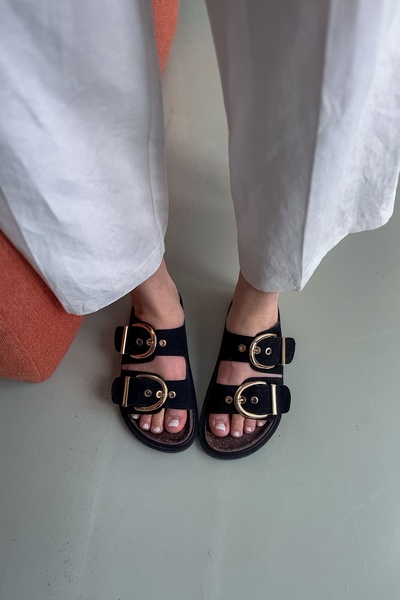 SHOEBELLAS شبشب نسائي من جلد الغزال الأسود بوريس بإبزيم مزدوج ومفصل