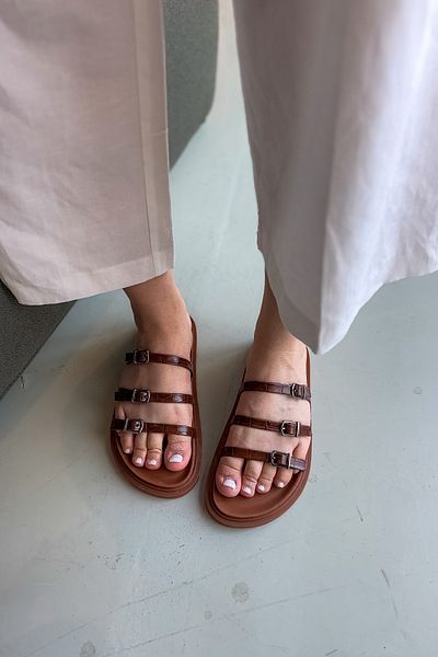 SHOEBELLAS Delma Tan Three-Piece Women's Slippers