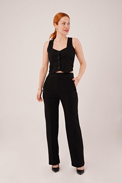 My Reality Fashion    Thick Strap Buttoned Vest and Trousers Black Set