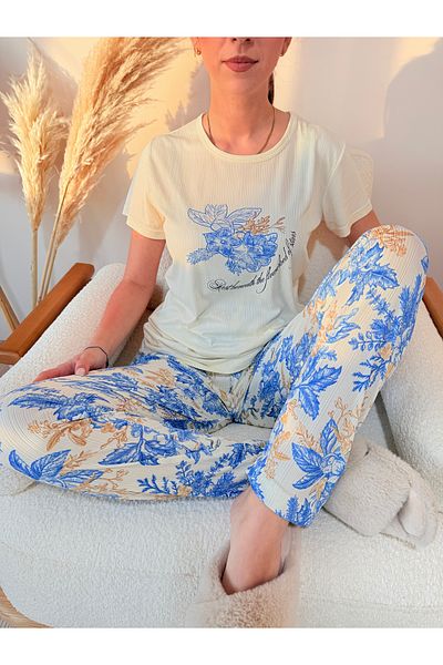 Pijamacs Set de pijamale cu mâneci Pegasus scurte cu decolteu cu flori albastre
