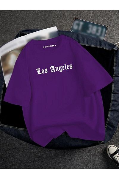 BENROMA 1 προϊόν δώρο για αγορές 6 και άνω Oversize Los Angeles Printed Unisex Tisort Printed