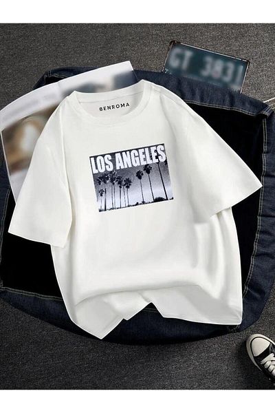 BENROMA 1 προϊόν δώρο για αγορές 6 και άνω Oversize Los Angeles Printed Unisex Tisort Printed