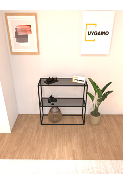 UYGAMO Tocco Metal Dresuar Dekoratif Kahve Köşesi Konsol Çok Raflı Siyah Füme Camlı 80 cm