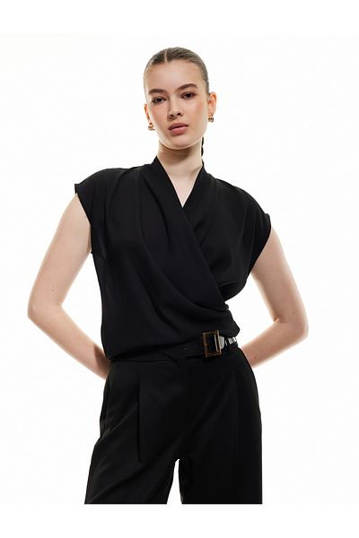 Koton Crepe Fabric Drape Detailed Sleeveless Double Breasted Blouse