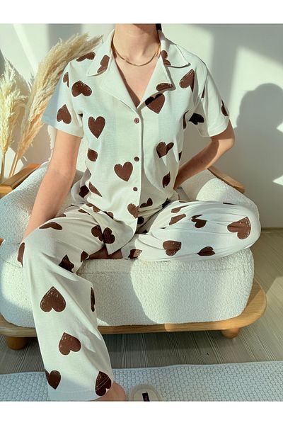 Pijamacs Ecru Brown Heart Patterned Cotton Short Sleeve Shirt Collar Pajama Set