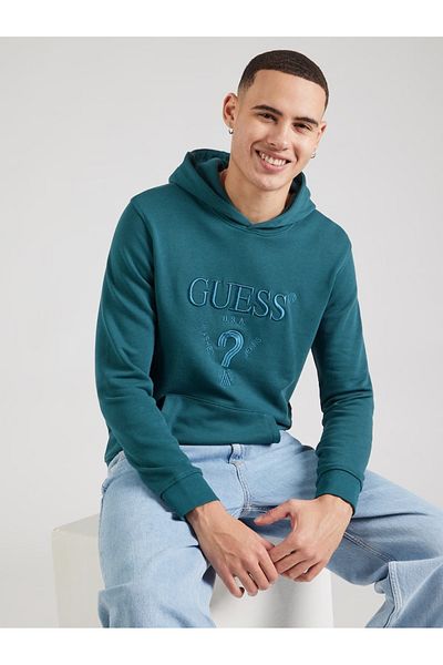 Guess Jeans Hanorac petrol pentru bărbați cu logo brodat și glugă Blugi Guess