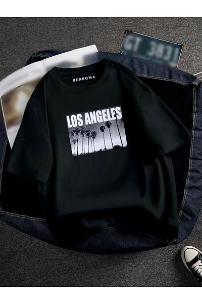 BENROMA 1 προϊόν δώρο για αγορές 6 και άνω Oversize Los Angeles Printed Unisex Tisort Printed