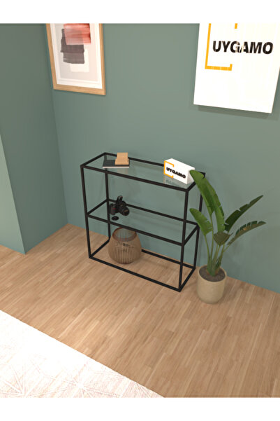 UYGAMO Tocco Metal Dresuar Dekoratif Kahve Köşesi Konsol Çok Raflı Siyah Şeffaf Camlı 80 cm