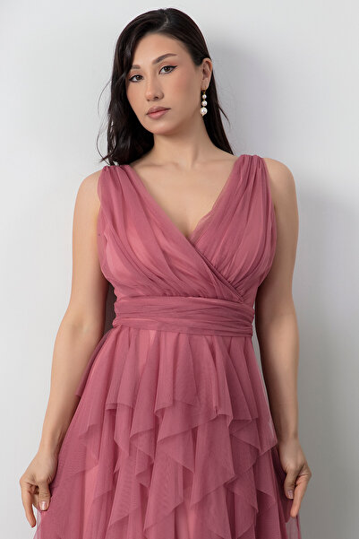 PULLIMM 13360 Μακρύ βραδινό φόρεμα με διπλό βολάν