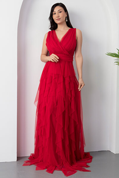 PULLIMM 13360 Double Breasted Ruffle Long Evening Dress