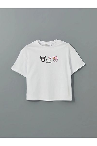 LC Waikiki LCW Kids Weißes Mädchen-Crop-T-Shirt mit Rundhalsausschnitt und Hello Kitty-Aufdruck