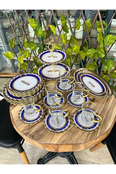 GÜRCÜGLASS طقم إفطار على شكل تاج جورجيان جلاس مكون من 28 قطعة بمقبض