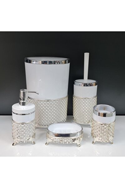 GuvenliPazar 5 Parça Yuvarlak Akrilik Ferforje Kafes Banyo Seti Beyaz Gümüş K...