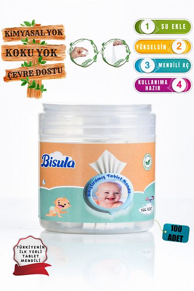 Bisula Compressed Tablet Baby Wipes – Disposable Baby Cleaning Cloth That Opens with Water (100 Pcs)