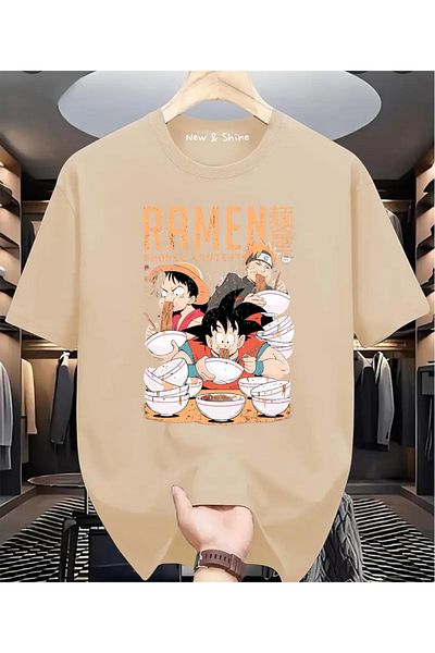 New Shine ΤΡΙΑ ΑΝΙΜΕ ΠΟΥ ΤΡΩΝΟΥΝ RAMEN Τυπωμένο μπλουζάκι Oversize