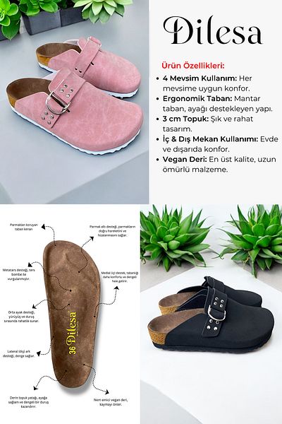 Dilesa Beige Suede Staple Detailed Anatomical Cork Sole Daily Comfortable Women's Slippers