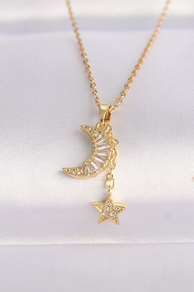 Skygo 316L Steel Chain Gold Color Zircon Stone Moon Star Necklace - Tj-Bko8626