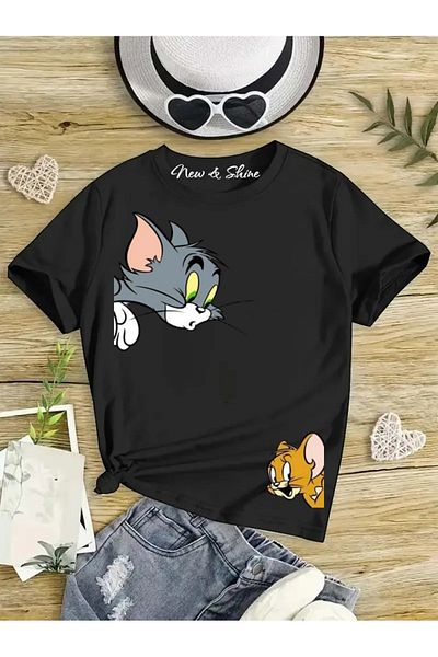 New Shine 1 tricou este un cadou pentru achiziții de 6 și mai sus în coș - Tricou supradimensionat pentru copii cu imprimeu Tom și Jerry Corner