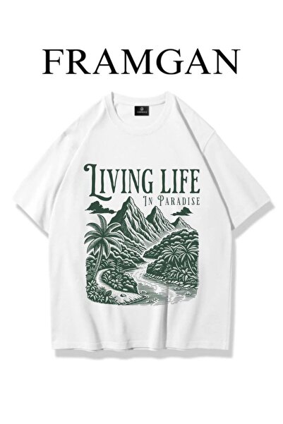 Framgan Tricou supradimensionat alb cu imprimeu Living Life In Paradise unisex