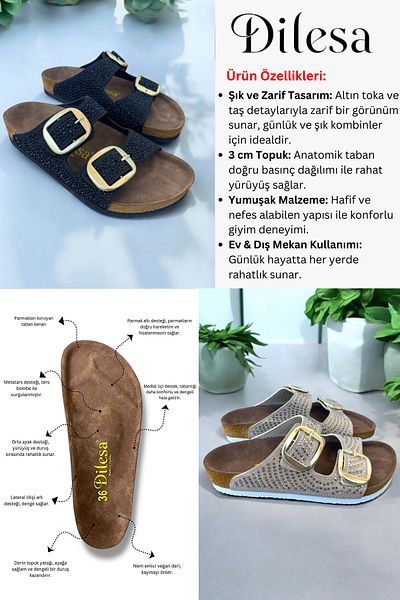 Dilesa Black Women's Stylish Stone Gold Buckle Comfortable Anatomical Sole Daily Slippers