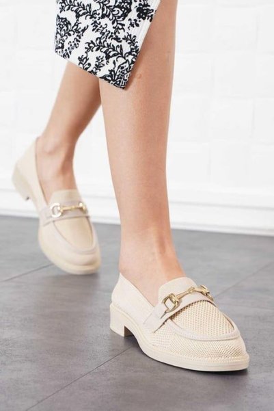 Demashoes Stylish Comfortable Knitwear Ballerinas with Beige Metal Buckle