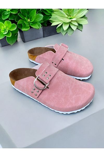 Dilesa Pink Suede Staple Detailed Anatomical Cork Sole Daily Comfortable Women's Slippers
