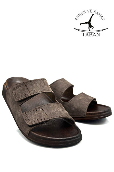 Moda Anna Ανδρικές παντόφλες με διπλή πόρπη με ρυθμιζόμενο πλάτος εύκαμπτες άνετες δερμάτινες ανδρικές παντόφλες 25103 C καφέ