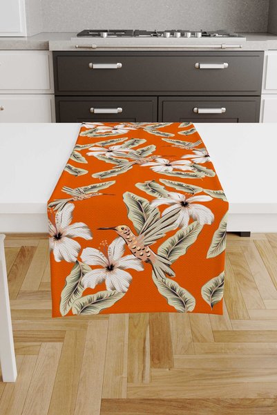 Artvibe Turuncu Zemin Hibiskus ve Kuş Desenli Dijital Baskılı Hediyelik Kadife Runner Masa Örtüsü 45x100cm